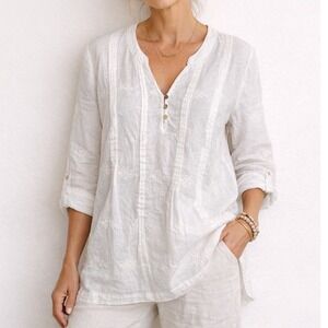 Cynthia Rowley Women 100% Linen Embroidered Pintuck Tunic Top 3/4 Sleeve White M